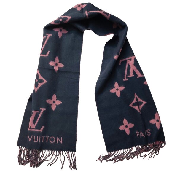 LOUIS VUITTON Reykjavik Navy Blue & Lavender Reversible Cashmere Scarf Pre-Owned - Picture 1 of 11